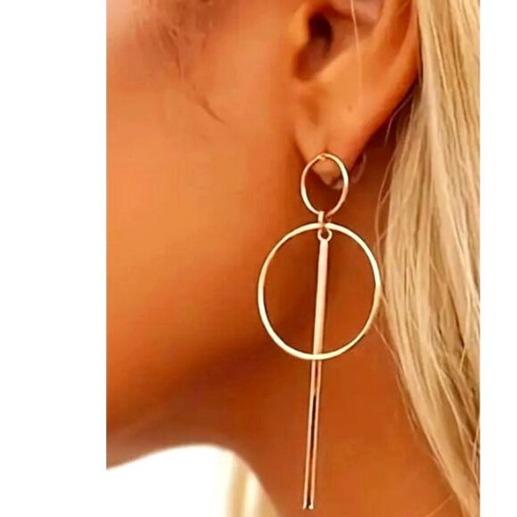 Gold Geometric Dangle Earrings With‎ Circle & Bar Design NEW - Picture 1 of 3